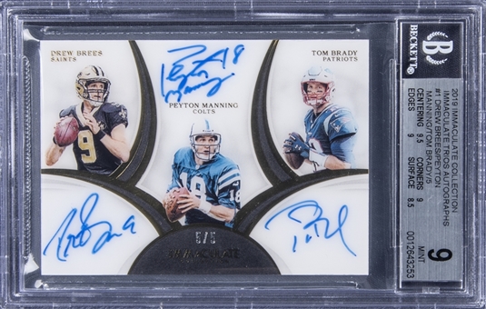 2019 Panini Immaculate Collection Immaculate Trios Autographs #1 Drew Brees/Peyton Manning/Tom Brady Signed Card (#5/5) - BGS MINT 9/BGS 10